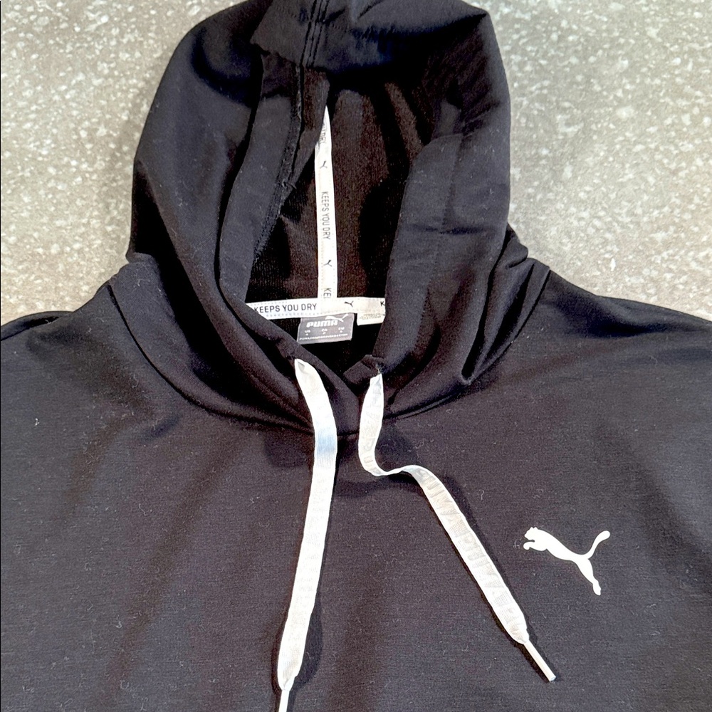 Puma Women’s Cropped Black Hoodie with White Accents.